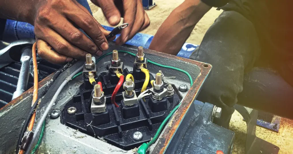Technician performing electrical testing and wiring inspection on industrial equipment for safety and reliable operation.