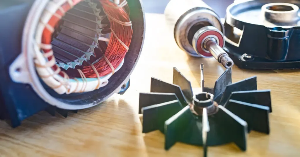 Close-up of electric motor winding and fan assembly showing key elements of motor life cycle