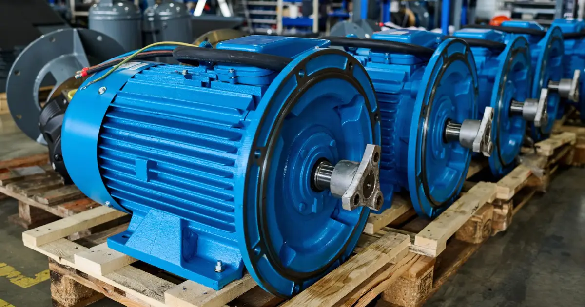 industrial blue electric motors placed on pallets – extending electric motor lifespan with proper maintenance.