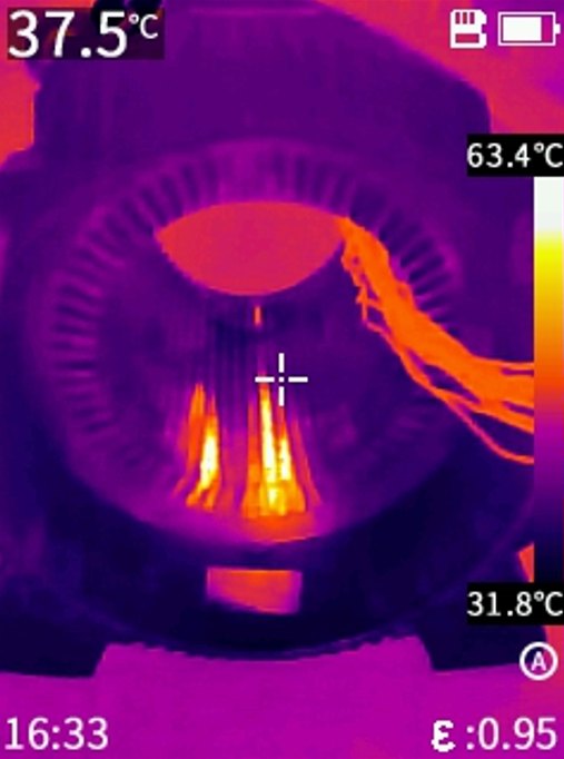 Thermal scan during stator core loss testing revealing heat streaks along the core bore